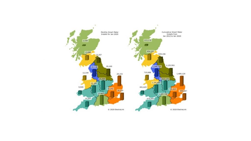 Map of Great Britain showing number of smart meters in each region
