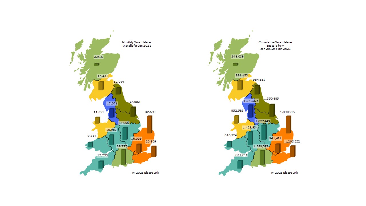 Map of GB regions showing meter installs in June 2021 and cumulative since 2012