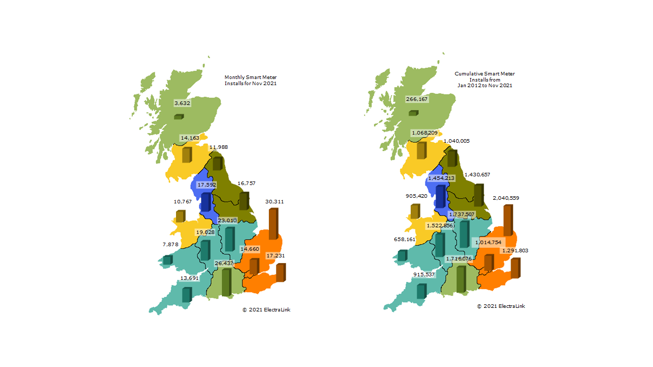 Map showing smart meter installs for GB for Nov 2021 and cumulative since 2012
