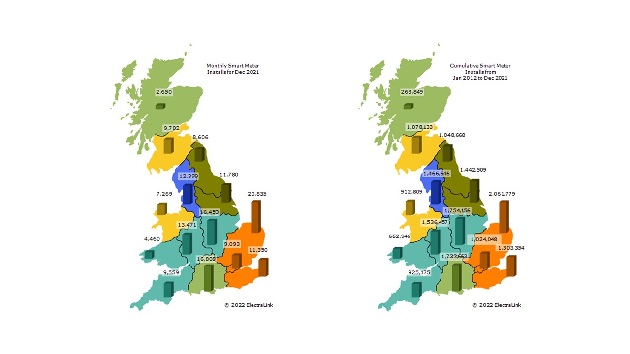Maps of GB showing regional smart meter installations in December 2021 and cumulatively from Jan 2012 until December 2021