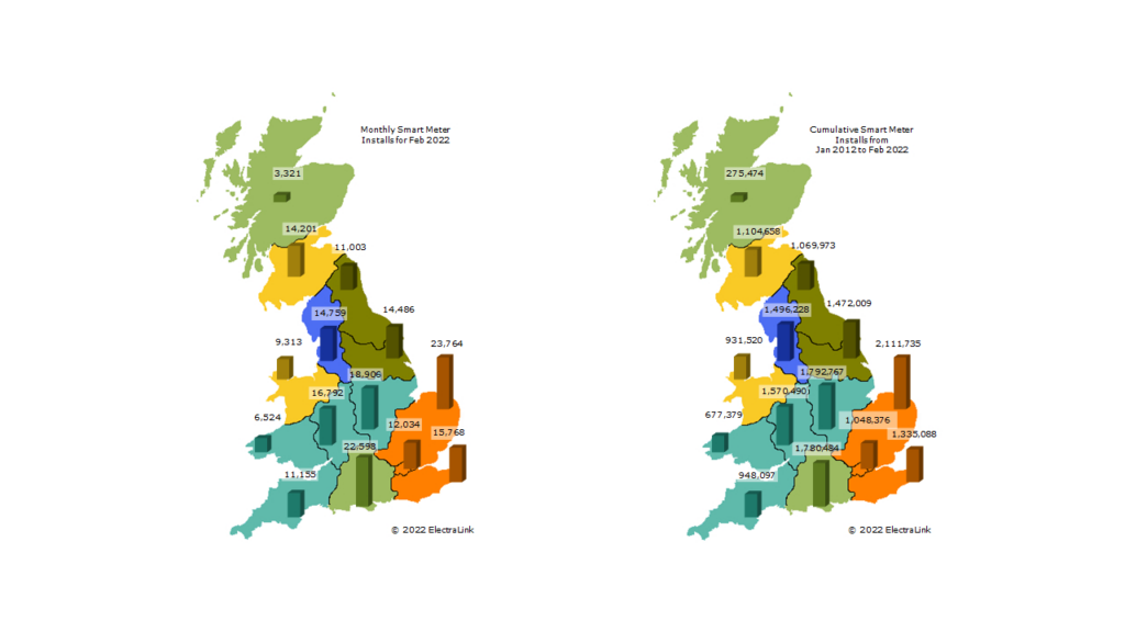 Map showing GB regional number of smart meters isnatlled in February 2022 and cumulatively