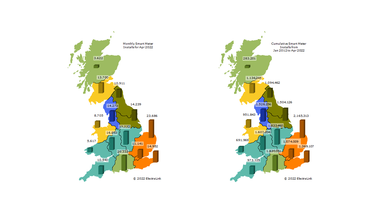 Map showing smart meter installations in April 2022 and cumulative since 2012 in GB