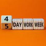 Orange background with wooden blocks saying four-day work week