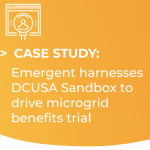 Image with orange background and graphic of lightbulb with human avatar shape in the middle, text saying case study emergent harnesses dcusa sandbox to drive microgrid benefits trial